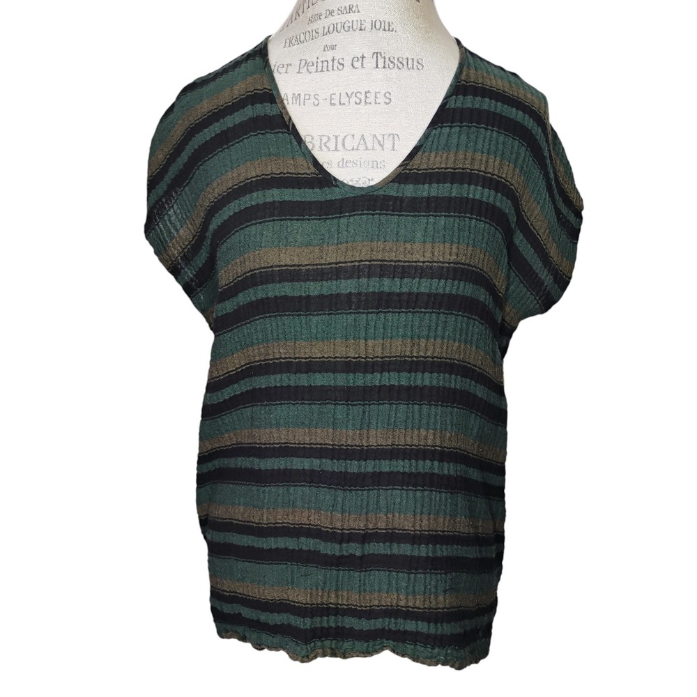 Eileen Fisher Gauzy Organic Cotton Top Womens L/XL Black Green Tan‎ Stripes